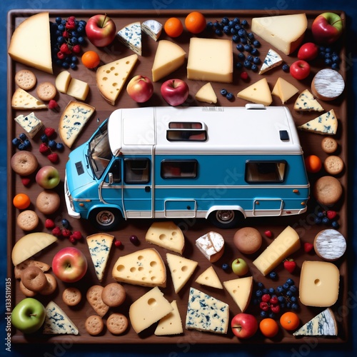 Cheese variety. Food background with motor home. Travel and cuisine.