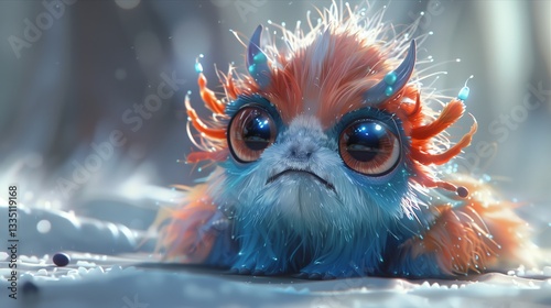 A whimsical, colorful creature with big eyes resting in a serene, snowy landscape, evoking a sense of wonder.