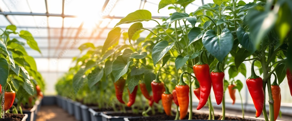 Red bell peppers growing inside a greenhouse