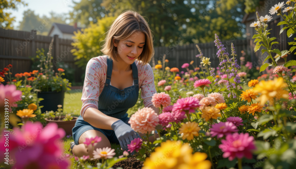 woman joyfully tends to vibrant garden filled with colorful flowers, wearing gloves and overalls. sunlit scene captures essence of peaceful and fulfilling gardening experience woman joyfully tends to vibrant garden filled with colorful flowers, wearing gloves and overalls. sunlit scene captures essence of peaceful and fulfilling gardening experience