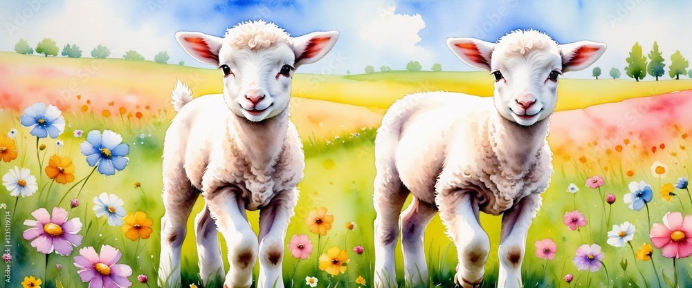White sheeps on green grass floral meadow