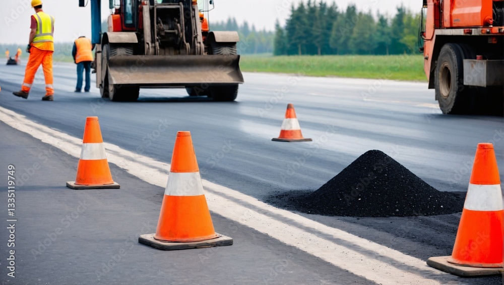 Road construction crew paving fresh asphalt with heavy machinery