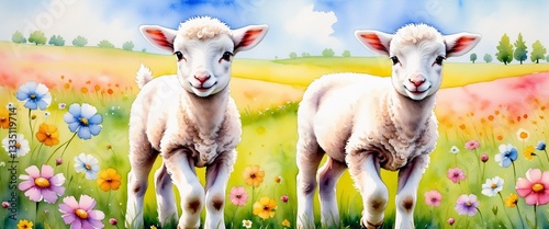White sheeps on green grass floral meadow