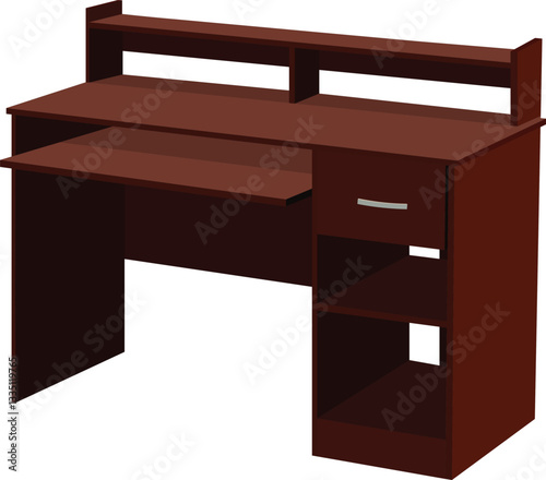 vector illustration of a computer table. Dark brown study table isolated on white background