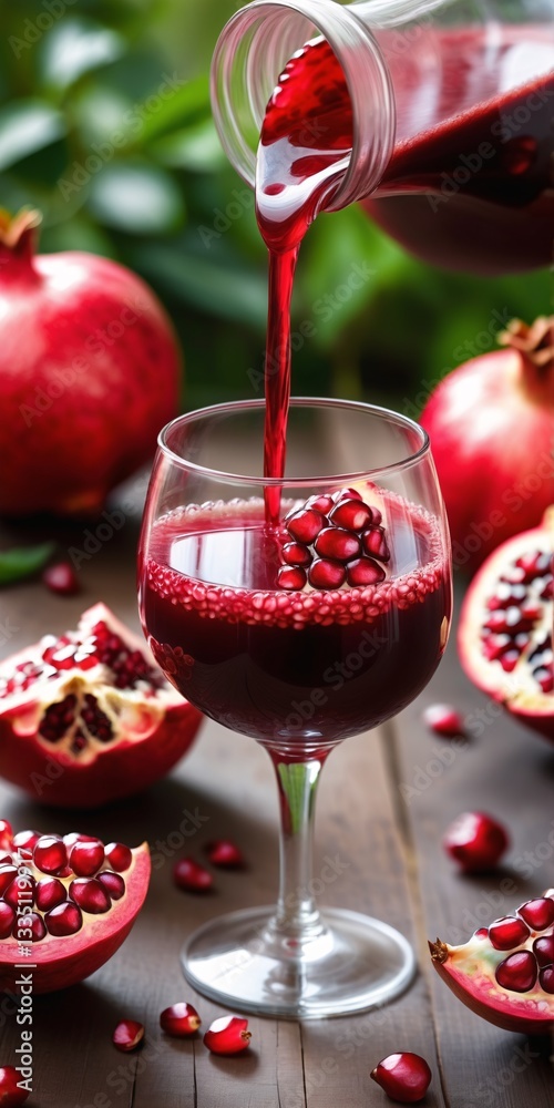 Pouring pomegranate juice into glass. Healthy drink
