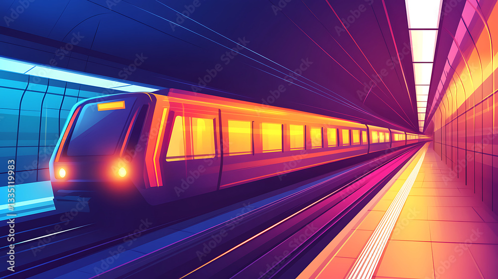 Vibrant futuristic train speeding through a neon-lit underground station at dusk, showcasing dynamic motion Vibrant futuristic train speeding through a neon-lit underground station at dusk, showcasing dynamic motion