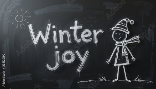 chalk drawing on blackboard features words Winter joy alongside stick figure wearing hat and scarf, with sun in corner