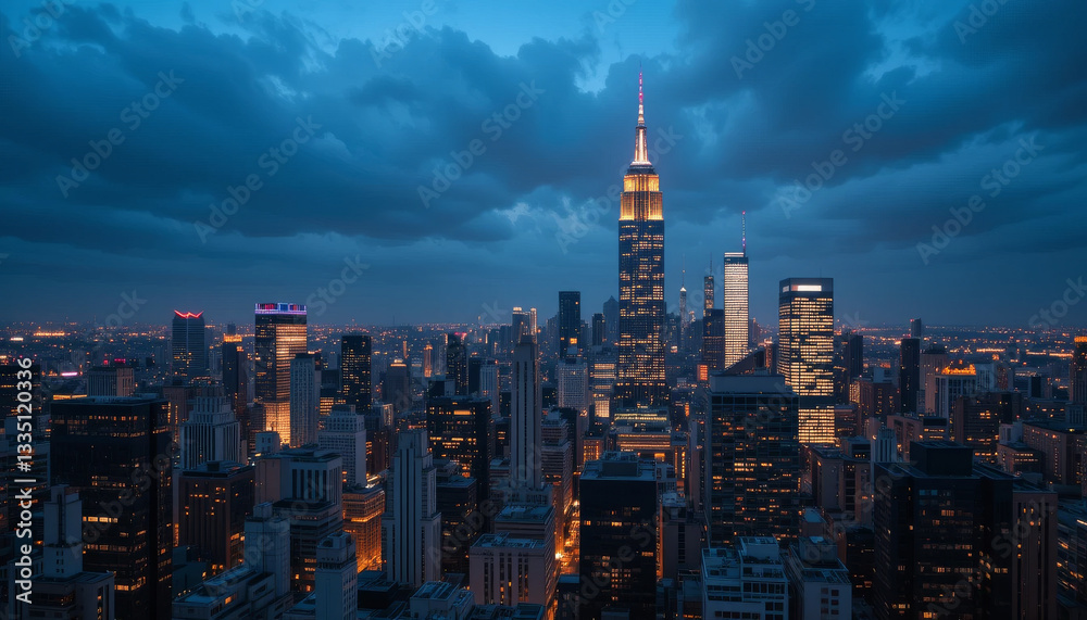 Obraz premium stunning cityscape at dusk showcases skyline with illuminated skyscrapers under dramatic cloudy sky, highlighting urban architecture and vibrant city life