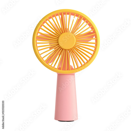Vibrant handheld fan in pink and yellow, stylish portable fan for cooling, trendy summer mini fan on a white isolated background.