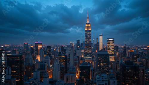 stunning cityscape at dusk showcases skyline with illuminated skyscrapers under dramatic cloudy sky, highlighting urban architecture and vibrant city life