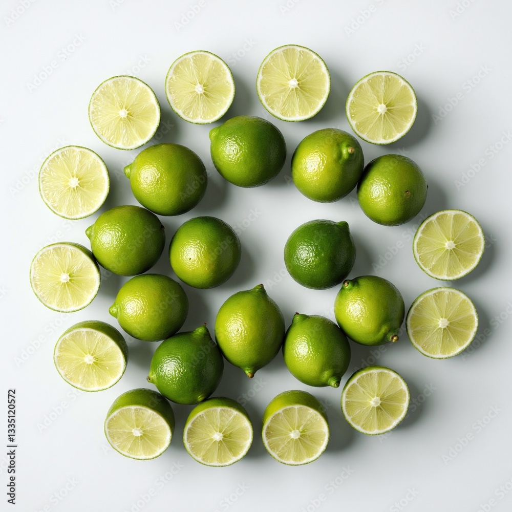 Green lime fruits on white. Top view flat lay