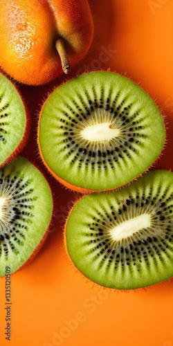 Obraz na płótnie Sliced delicious ripe kiwi fruit on orange background w salonie