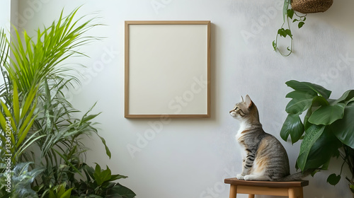 Wooden picture frame mockup on off white wall in modern interior. Vertical artwork template mock up for artwork, painting, photo or poster in interior design with green plants