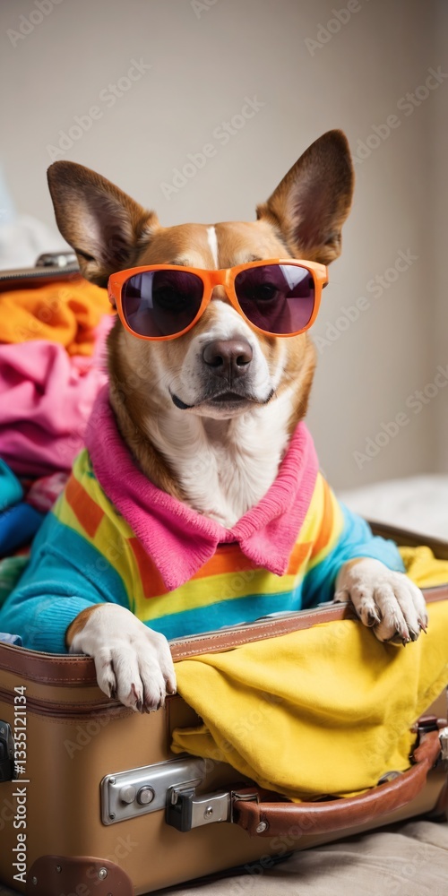 Dog Relaxing in Suitcase with Colorful Clothes - Ready for Vacation,