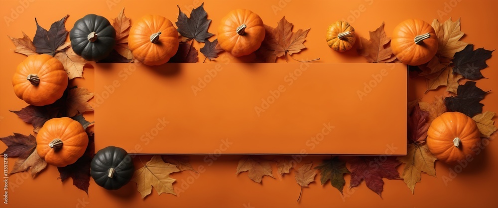 Halloween Flat Lay with Pumpkins, and Autumn Leaves on Orange Background.