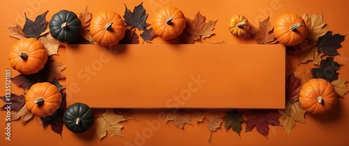 Obraz na płótnie Halloween Flat Lay with Pumpkins, and Autumn Leaves on Orange Background. w salonie