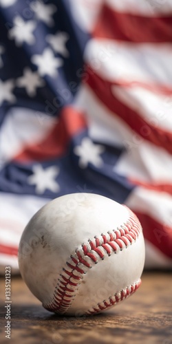 white baseball is set against a waving American flag.