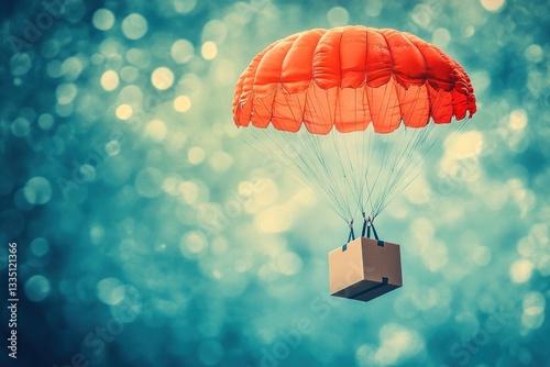A red parachute gracefully descends from the skies, carrying a cardboard box over a tranquil blue background, suggesting a delivery in progress