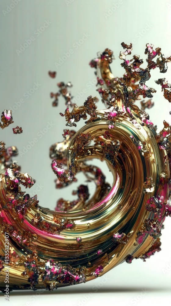 Obraz premium Stunning Gold and Pink Abstract Spiral Design. A mesmerizing digital art piece showcasing a dynamic spiral form with intricate details and a blend of gold and pink metallic elements.