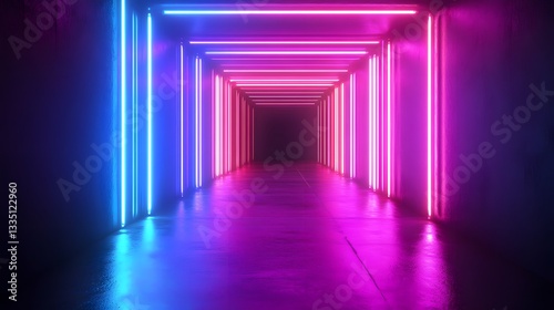 A Long Lit Corridor Featuring Blue and Pink Neon Lights