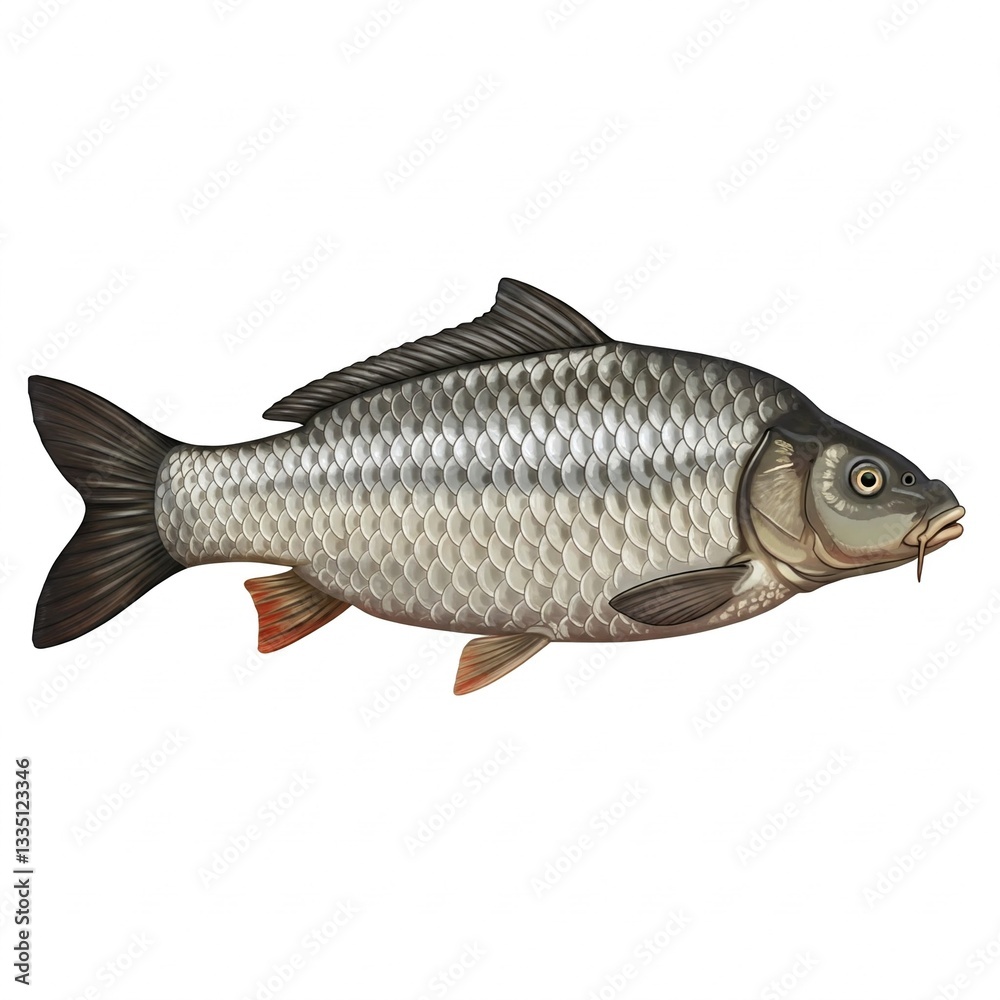 Fototapeta premium Illustration of a common carp fish, depicted in a side profile against a white background. The fish has a detailed scale pattern, a dark dorsal fin, and a small barbule visible near its mouth.