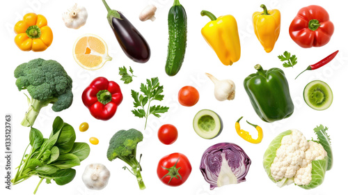 Fresh vegetables and fruits falling on transparent background