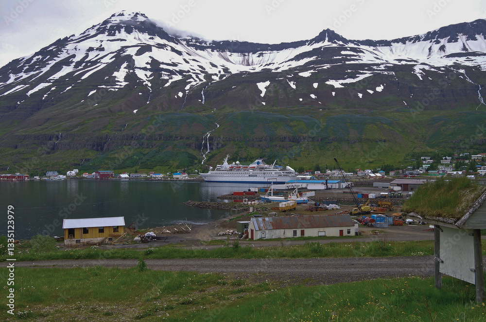 Classic expedition cruiseship cruise ship liner Delphin docked at pier in Seydisfjördur, Iceland with harbor skyline and fjord landscape in background on during Arctic Circle summer cruising