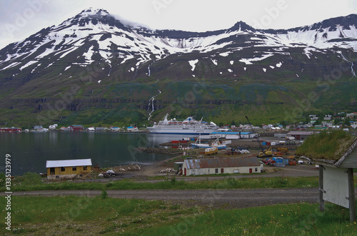 Obraz na płótnie Classic expedition cruiseship cruise ship liner Delphin docked at pier in Seydisfjördur, Iceland with harbor skyline and fjord landscape in background on during Arctic Circle summer cruising w salonie