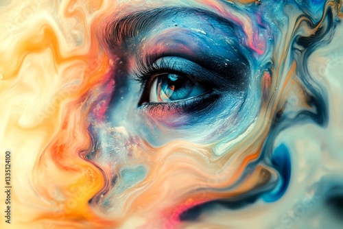 Medical problem. Blurry vision. Hallucination - due to solvent inhalation: abstract image of human state. Metaphorical solvent inhalation emotions of a mental illusion. Distorted consciousn. photo