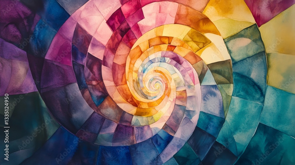 Obraz premium Watercolor Spiral Helix: A Luminous Abstract - Abstract watercolor painting depicting a vibrant spiral helix. Symbolizing growth, transformation, energy, infinity, and harmony