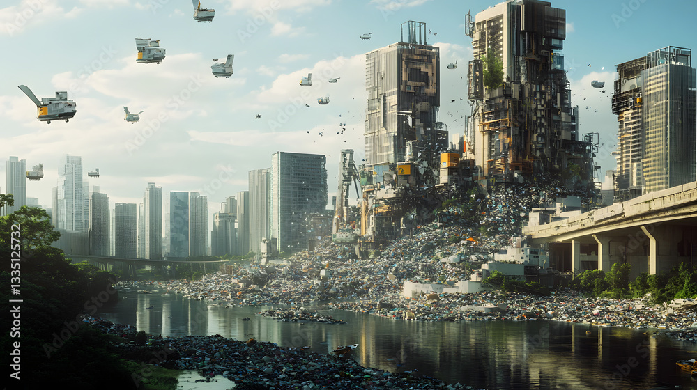 Obraz premium An advanced city powered by automated waste management, where AI-driven systems sort and recycle materials to keep the urban environment clean and sustainable.