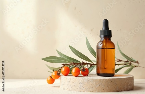 Essentail oil bottle and branch of sea-buckthorn with berries, leaves on stone podium. Natural cosmetic seabuckthorn still life concept. Ingredient for spa skin care, anti-aging vitamin therapy.