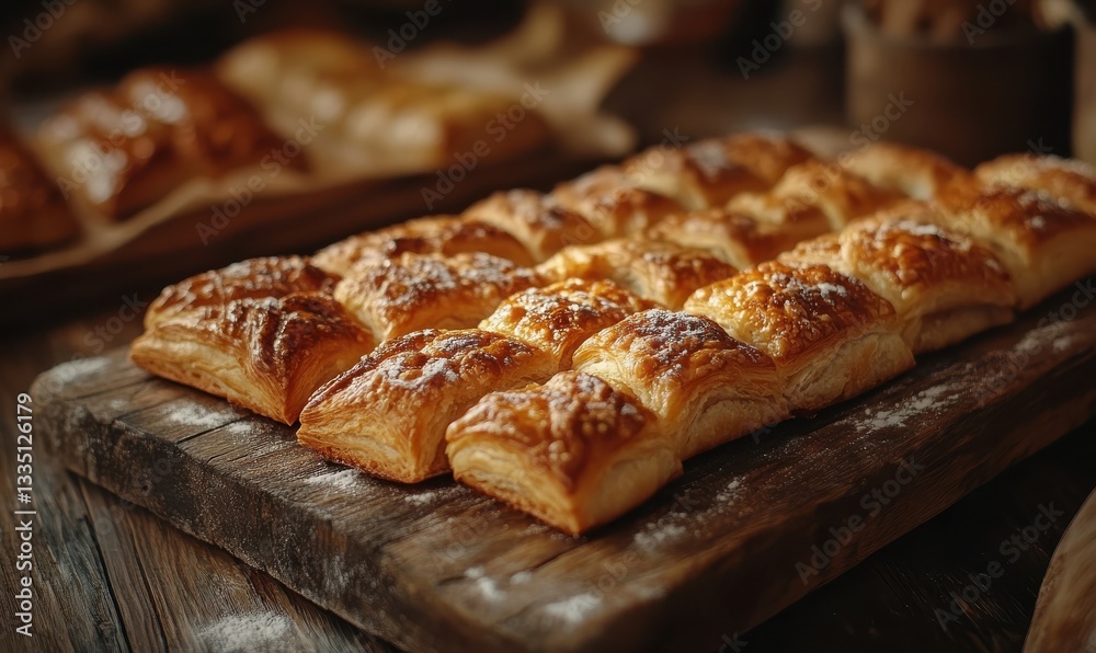 Assortment of freshly baked pastries arranged on a rustic wooden board, with flaky textures and golden-brown hues captured in perfect detail in . Assortment of freshly baked pastries arranged on a rustic wooden board, with flaky textures and golden-brown hues captured in perfect detail in .