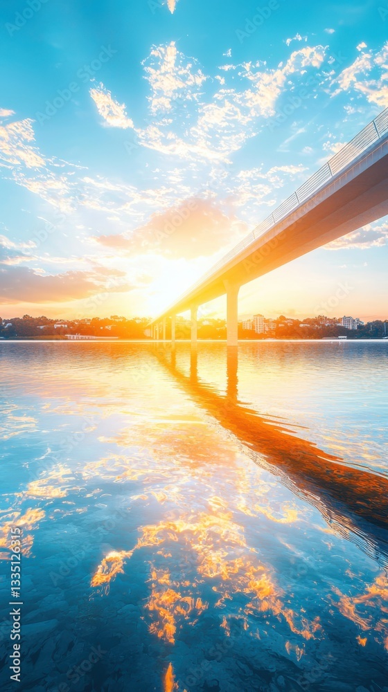 Fototapeta premium Bridge structure bathed in golden hour glow over reflective water low angle view architectural photography