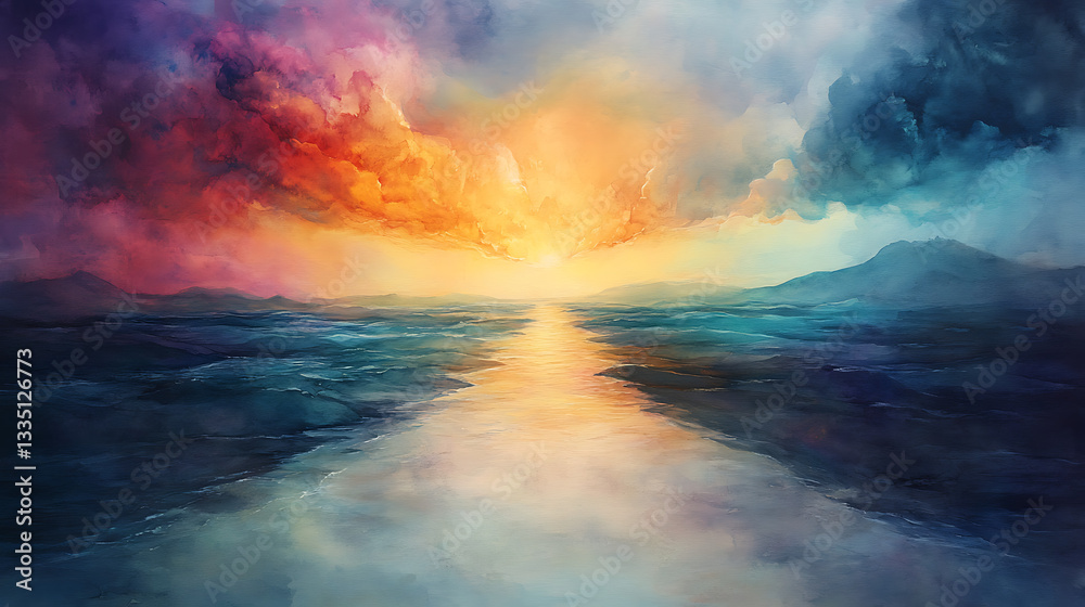 Fototapeta premium A stylized, painterly interpretation of the biblical landscape, with a glowing stream of water weaving through the sand, creating an oasis-like contrast in the barren desert.