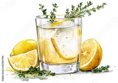 Watercolor Lemon Thyme Cocktail Illustration