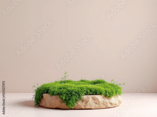 Natural Brown stone covered by green moss Abstract podium for organic cosmetic products with pastel green studio shot