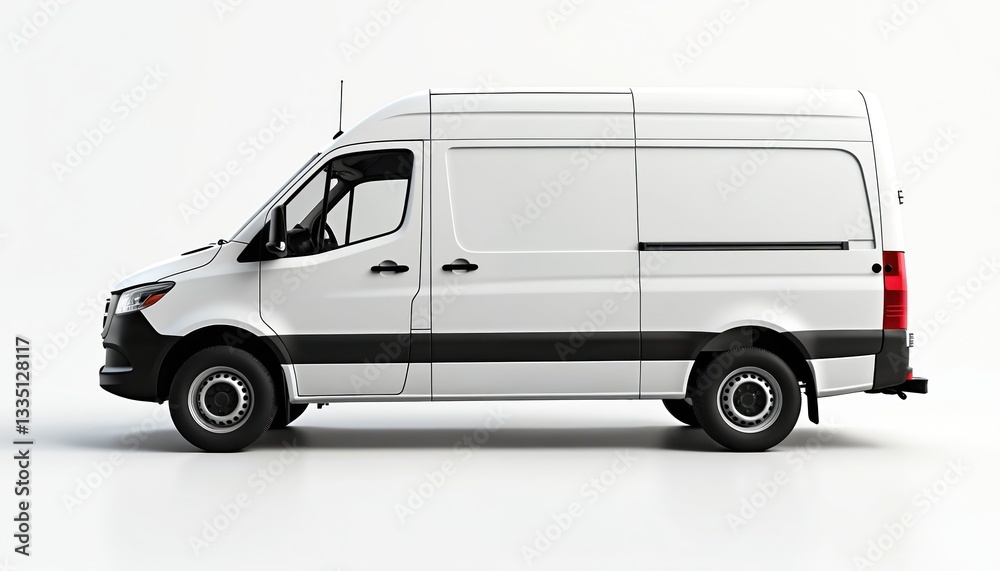 Side view of modern white delivery van isolated on white background. Ideal for branding, advertising needs, clean van conveys reliability, efficiency in transportation, logistics, delivery services. Side view of modern white delivery van isolated on white background. Ideal for branding, advertising needs, clean van conveys reliability, efficiency in transportation, logistics, delivery services.