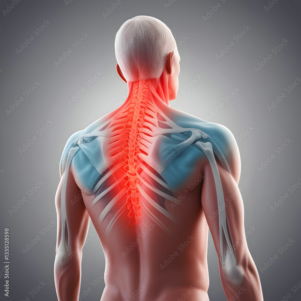 mans back and neck pain is highlighted in red mans back and neck pain is highlighted in red