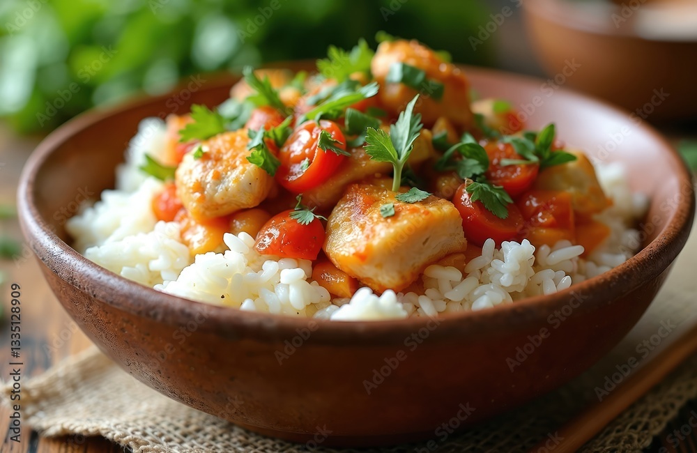 Rice bowl with cooked chicken pieces in sauce and tomatoes. Garnished parsley. Tasty lunch, dinner dish on a wooden table. Asian, oriental cuisine recipe. Healthy diet food photo. Rice bowl with cooked chicken pieces in sauce and tomatoes. Garnished parsley. Tasty lunch, dinner dish on a wooden table. Asian, oriental cuisine recipe. Healthy diet food photo.