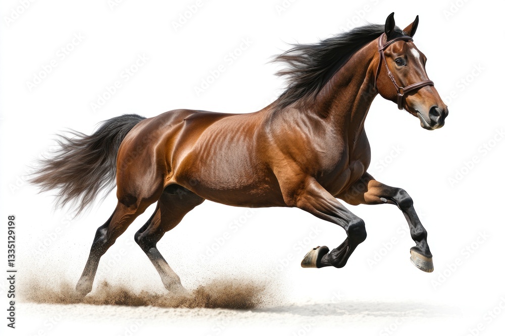 A beautiful brown horse runs swiftly, showcasing its strength and elegance against a white backdrop, embodying motion and grace A beautiful brown horse runs swiftly, showcasing its strength and elegance against a white backdrop, embodying motion and grace