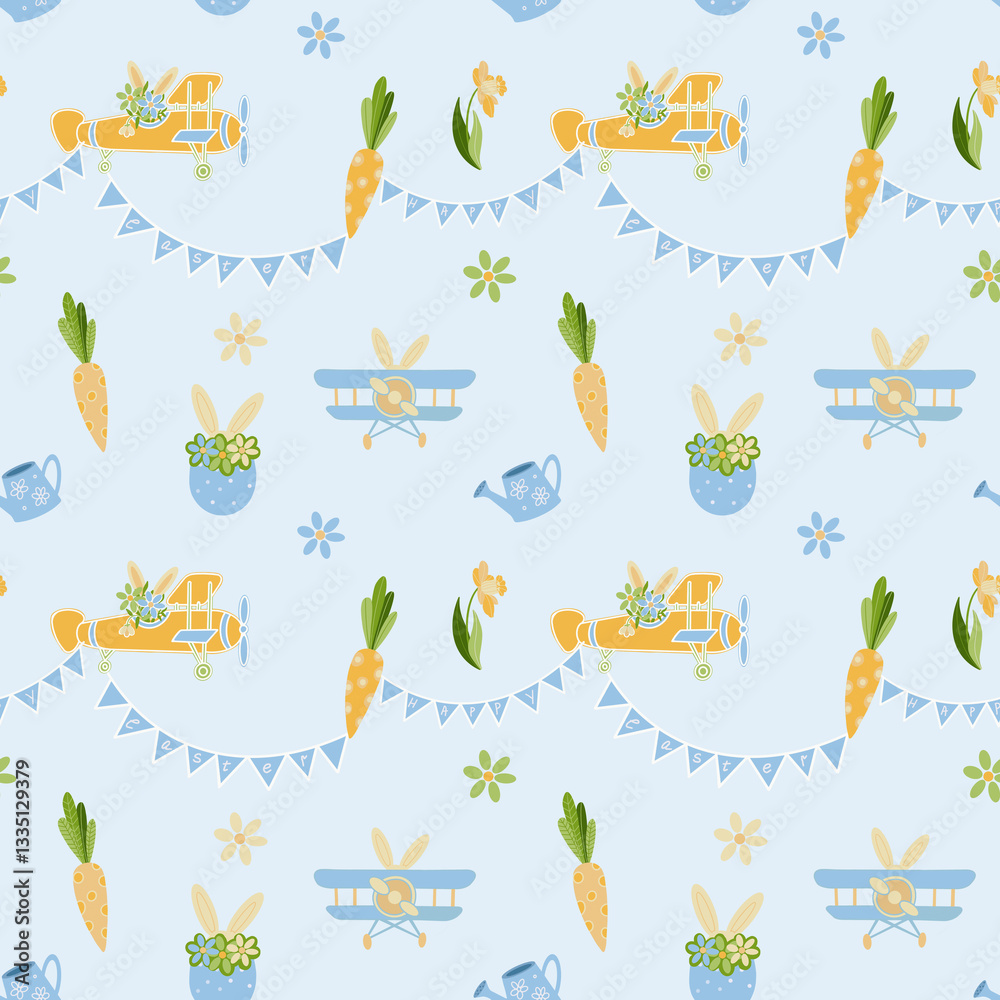 Obraz premium Seamless pattern with Easter bunny, airplane, carrots and flowers on a blue background