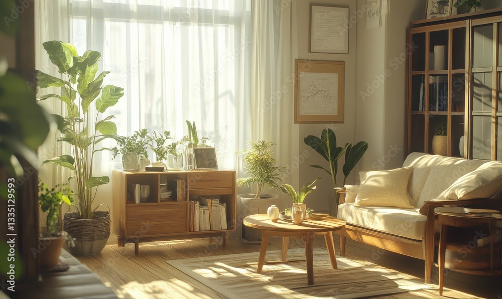 Cozy living room with warm wooden furniture, indoor plants, and soft natural light streaming in, peaceful home vibe, Cozy living room with warm wooden furniture, indoor plants, and soft natural light streaming in, peaceful home vibe,