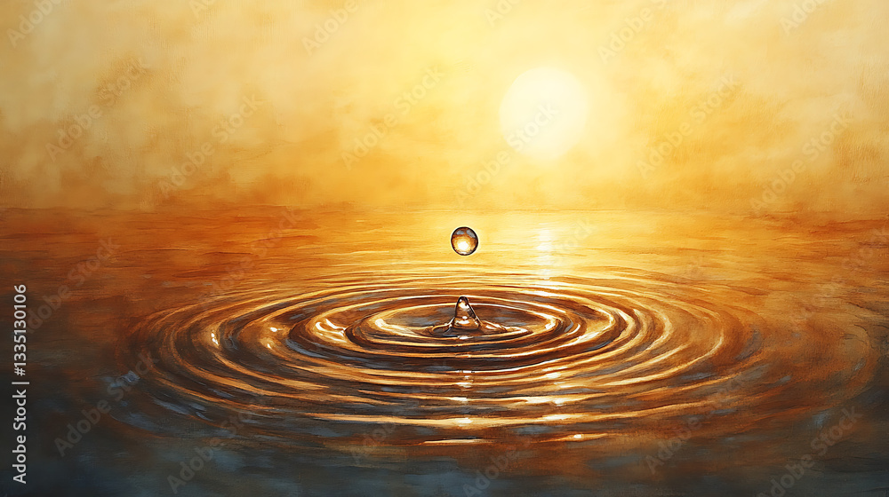 A symbolic artistic rendering of a single water droplet suspended in midair, illuminated by divine light as it prepares to touch the desert floor. The background fades into warm golden tones, A symbolic artistic rendering of a single water droplet suspended in midair, illuminated by divine light as it prepares to touch the desert floor. The background fades into warm golden tones,