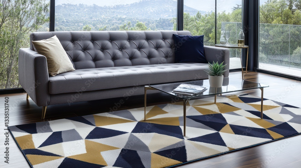 A bold geometric patterned rug in shades of gold, navy, and cream, spread on a dark walnut floor