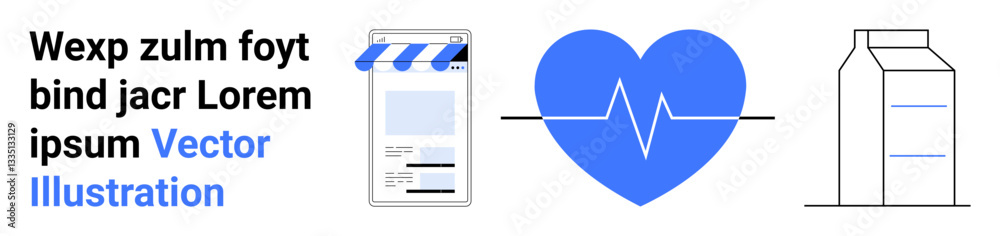 Online storefront with awning, heartbeat with pulse line inside heart, and milk carton. Ideal for healthcare, e-commerce, nutrition, wellness, medical apps, fitness simple landing page Online storefront with awning, heartbeat with pulse line inside heart, and milk carton. Ideal for healthcare, e-commerce, nutrition, wellness, medical apps, fitness simple landing page