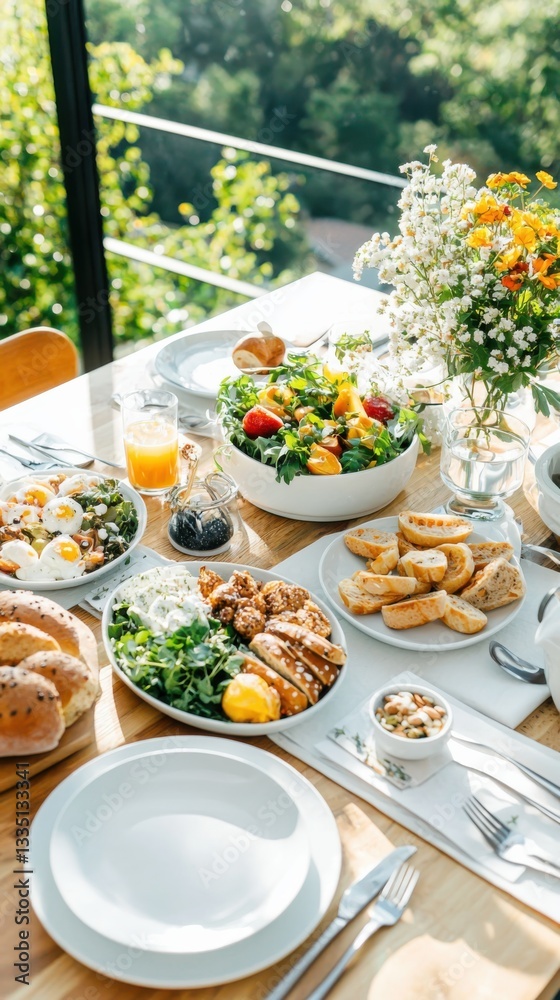 Creative brunch table setup with handmade name cards and fresh ingredients outdoor garden food photography natural light aesthetic appeal Creative brunch table setup with handmade name cards and fresh ingredients outdoor garden food photography natural light aesthetic appeal
