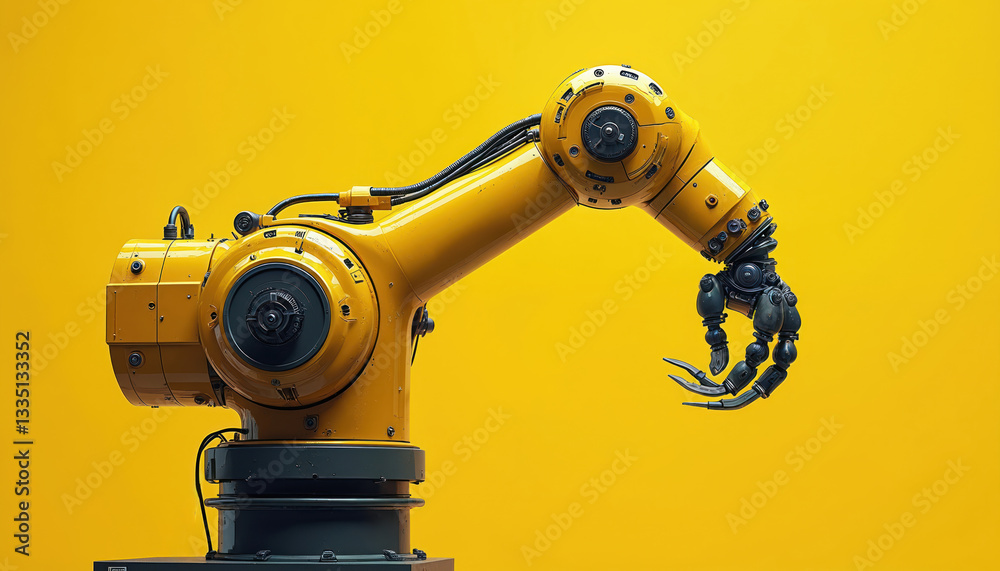 Yellow robot arm open claw. Machine tech industrial, engineering, mechanical equipment for factory automation. Concept modern technology, manufacture, robotic science, auto production, control Yellow robot arm open claw. Machine tech industrial, engineering, mechanical equipment for factory automation. Concept modern technology, manufacture, robotic science, auto production, control