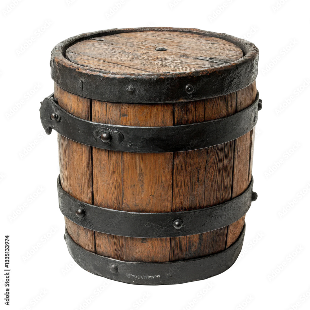 Fototapeta premium Antique Wooden Barrel with Metal Bands Rustic Storage Container Vintage Keg
