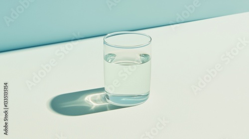 A glass of water on a white surface.
